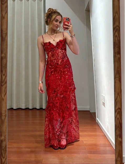 Vintage Red Mermaid Spaghetti Strap Sequin Lace Tulle Prom Dress Evening Dress