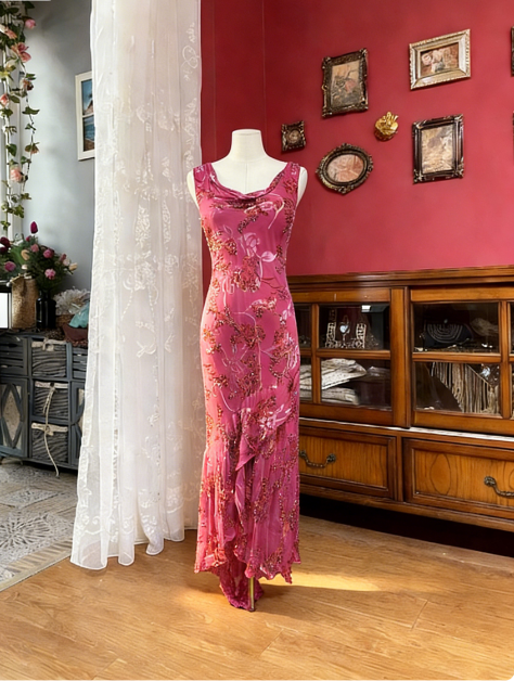 Vintage Fuchsia Cowl Neck Mermaid Printed Chiffon Long Prom Dress Evening Dress