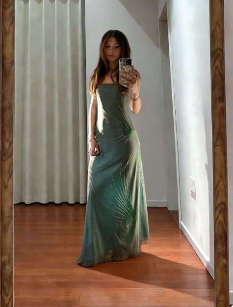 High-End Teal Strapless Beaded Tulle Long Prom Dress Evening Dress