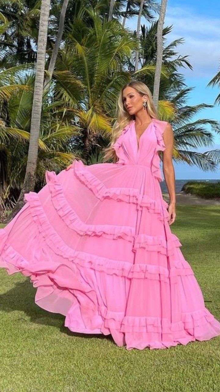 Elegant Pink A-line Tiered Ruffled Deep V Backless Chiffon Long Prom Dress Evening Dress