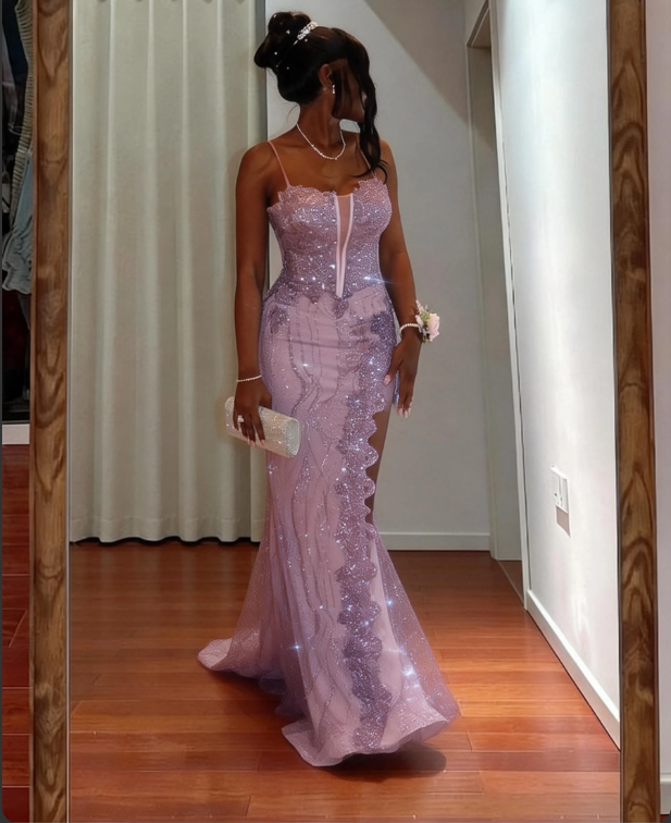 Elegant Purple Spaghetti Strap Mermaid Split Sequin Tulle Train Prom & Evening Dress - View 3 | FashionDia