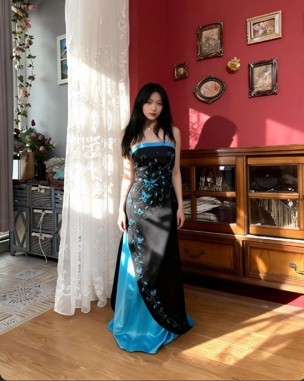 Vintage Black & Blue Color-Block Strapless A-Line Butterfly Embroidered Satin Long Prom Dress Evening Dress