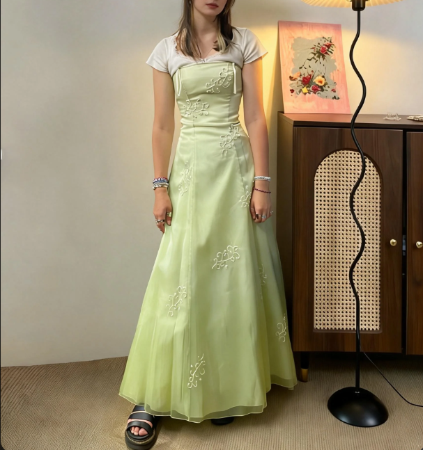 Fresh Light Green Strapless Embroidered Tulle A-Line Long Prom Dress Evening Dress