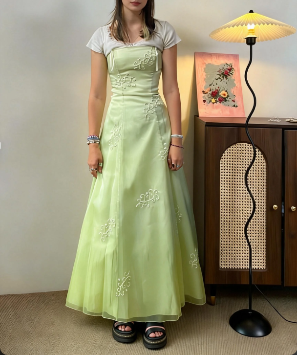 Fresh Light Green Strapless Embroidered Tulle A-Line Long Prom Dress Evening Dress