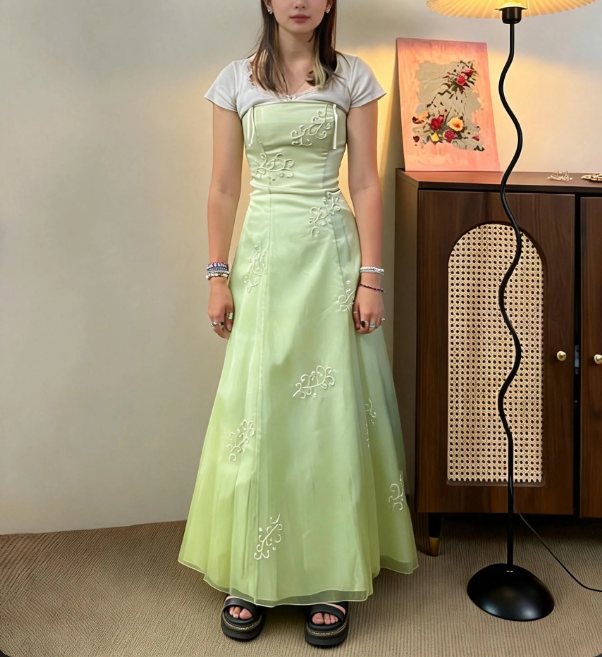 Fresh Light Green Strapless Embroidered Tulle A-Line Long Prom Dress Evening Dress