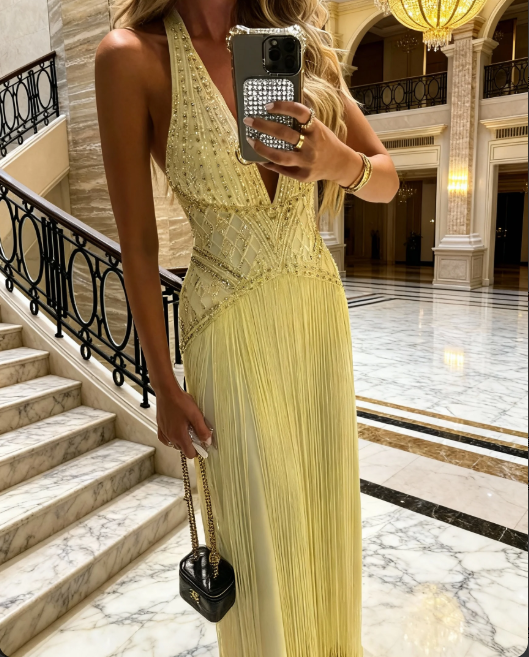 Gorgeous Yellow Halter V-Neck Beaded Fringe Long Prom Dress Evening Dress