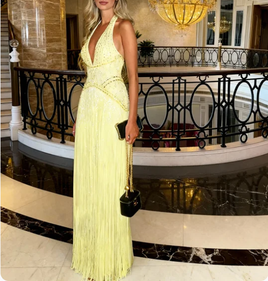 Gorgeous Yellow Halter V-Neck Beaded Fringe Long Prom Dress Evening Dress
