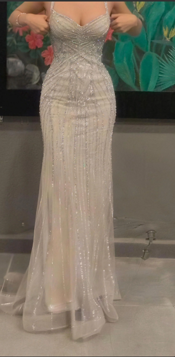 Gorgeous Silver-White Mermaid Spaghetti Strap V-Neck Beaded Tulle Long Prom Dress Evening Dress