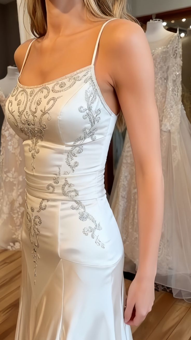 Vintage White Spaghetti Strap Square Neck Pearl-Embellished Satin Train Prom Dress Evening Dress