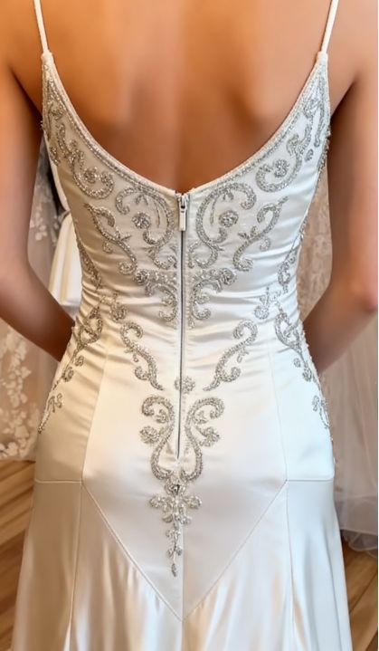 Vintage White Spaghetti Strap Square Neck Pearl-Embellished Satin Train Prom Dress Evening Dress