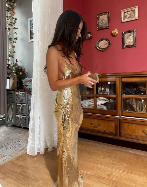 Vintage Gold Spaghetti Strap Deep V-Neck Mermaid Sequin Long Prom Dress Evening Dress