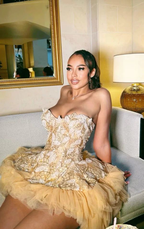 Gorgeous Golden Three-dimensional Floral Leaves Multi-layered Tulle Fluffy Birthday Party Homecoming Dress