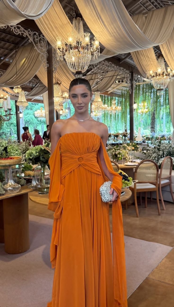 Elegant Orange A-line Strapless Crumple Chiffon Long Prom Dress Evening Dress