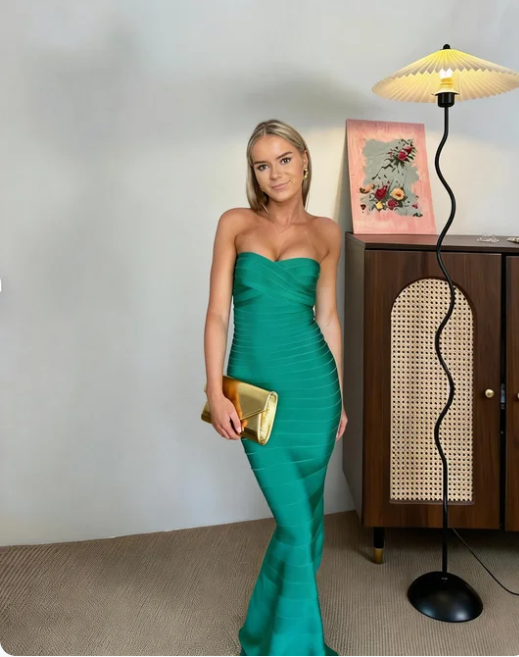 Elegant Green Strapless Mermaid Pleated Satin Long Prom Dress Evening Dress