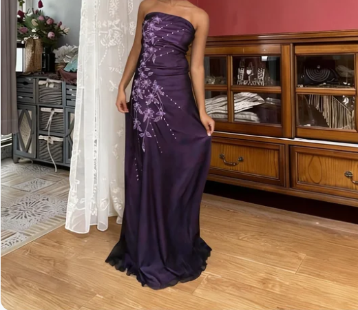 Elegant Deep Purple Strapless Fitted Satin Long Prom Dress Evening Dress