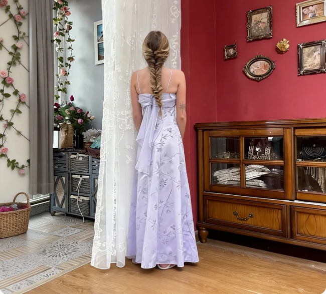 Elegant Lavender A-Line Spaghetti Strap Floral Satin Long Prom Dress Evening Dress