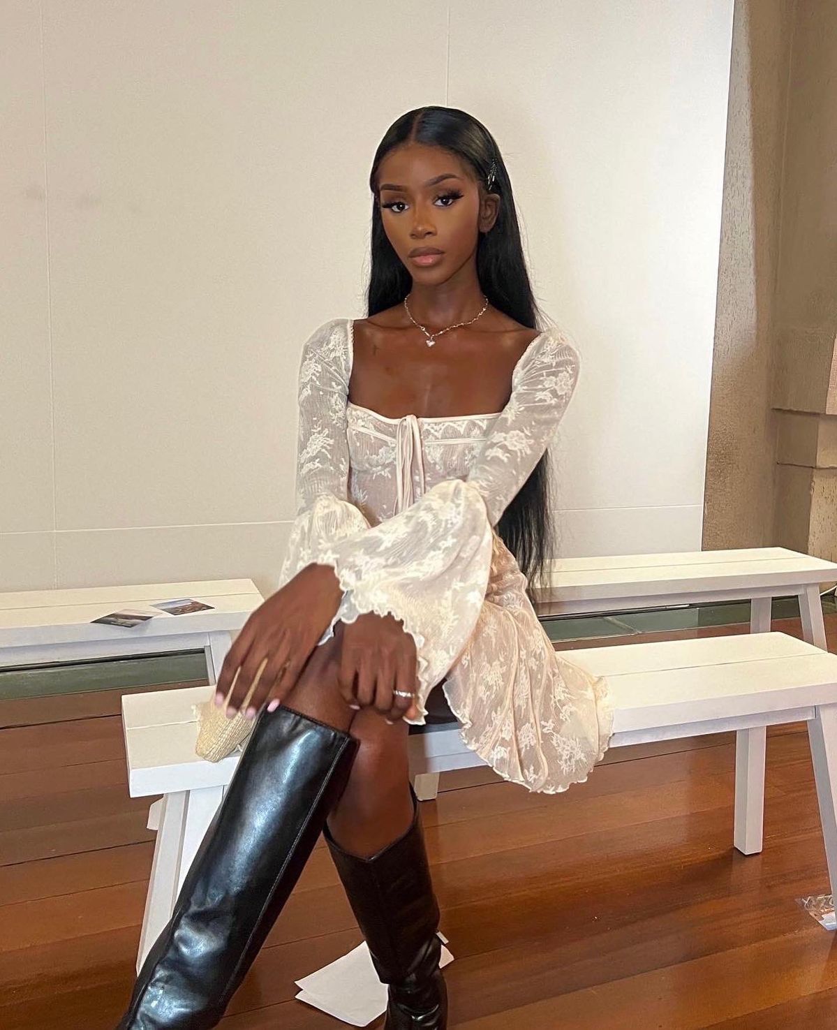Sweet And Elegant Off-white Square Neck Flared Long Sleeve Lace Mini Birthday Party Homecoming Dress