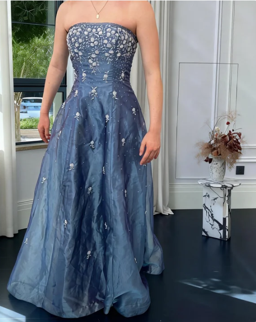 Elegant Dusty Blue Strapless A-Line Embroidered Organza Long Prom Dress Evening Dress
