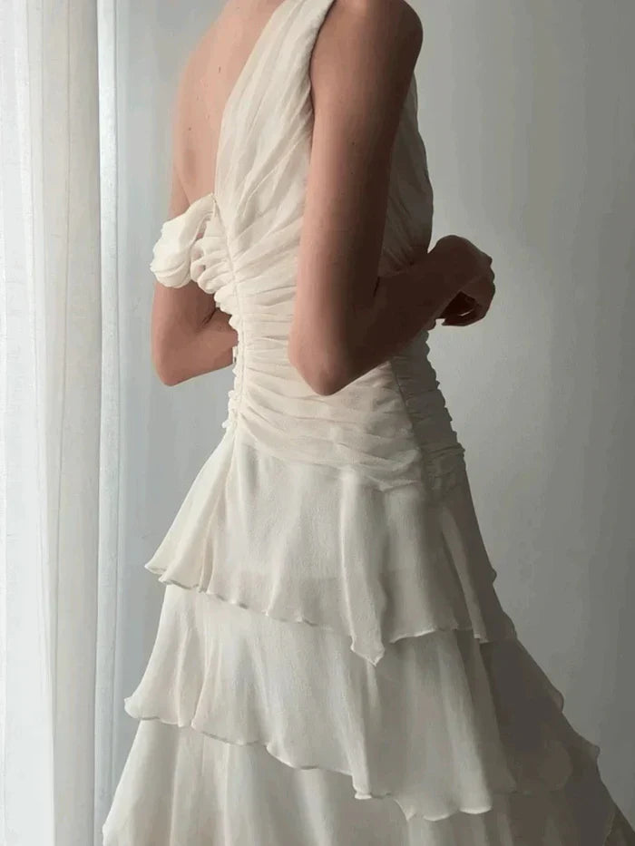 Elegant Ivory V-neck Layered Waist Pleated Irregular Chiffon Ruffle Birthday Party Homecoming Dress