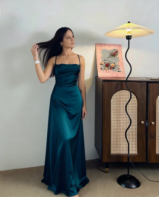 Elegant Teal Spaghetti Strap Square Neck Satin Long Prom Dress Evening Dress