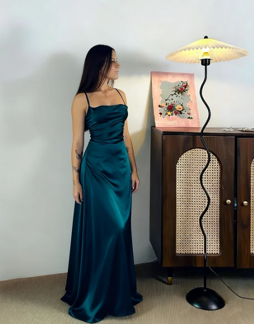 Elegant Teal Spaghetti Strap Square Neck Satin Long Prom Dress Evening Dress