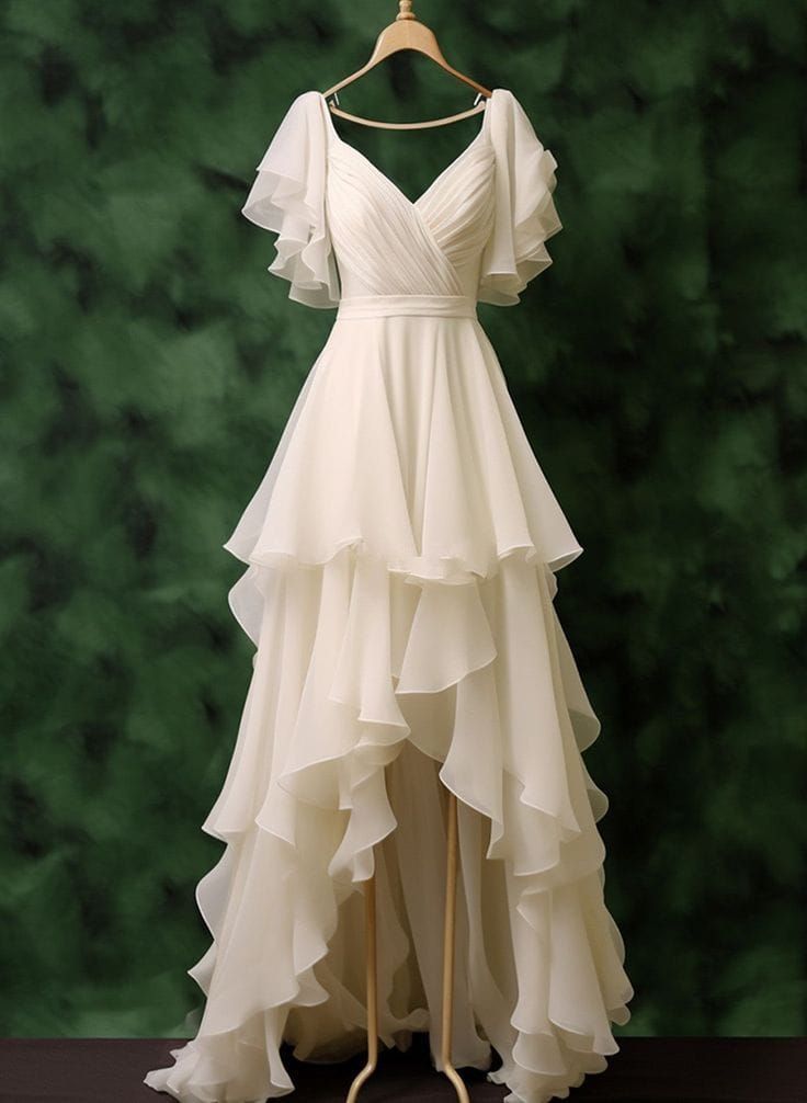 Elegant Ivory Irregular V-neck Ruffled Chiffon Front Short Back Long Prom Dress Evening Dress Bridesmaid Dress