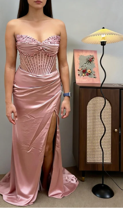 Elegant Pink Sweetheart Neck Corset Beaded High Slit Satin Long Prom Dress Evening Dress
