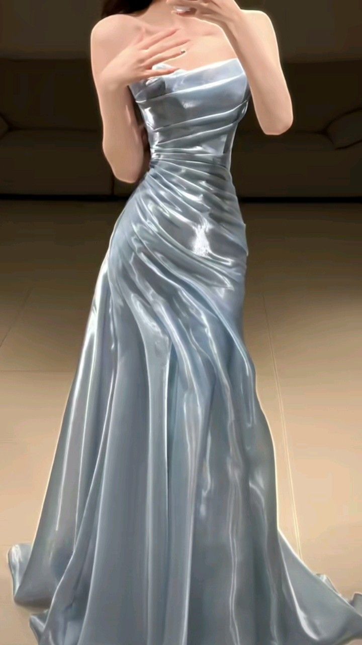 Elegant Blue Strapless Mermaid 3D Ruched Satin Train Prom Dress Evening Dress