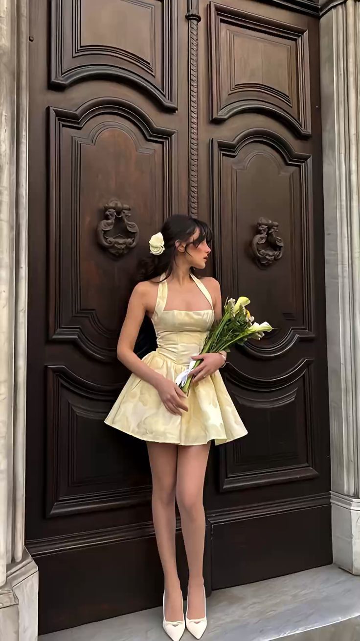 Sweet Light Yellow Halterneck Floral Jacquard A-Line Birthday Dress Homecoming Dress - View 2 | FashionDia