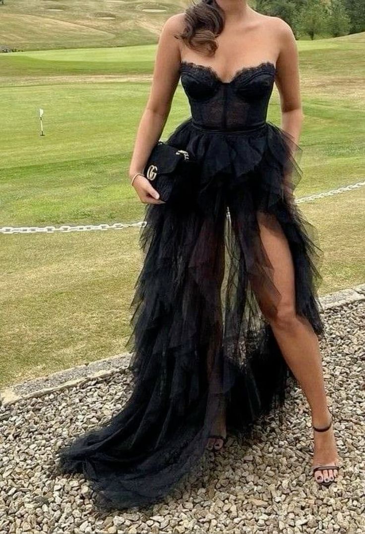 Elegant Black Irregular Strapless Tulle High Slit Long Prom Dress Evening Dress