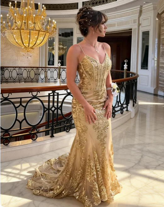Gorgeous Champagne Gold Spaghetti Strap Mermaid Sequin Embroidered Tulle Train Prom Dress Evening Dress
