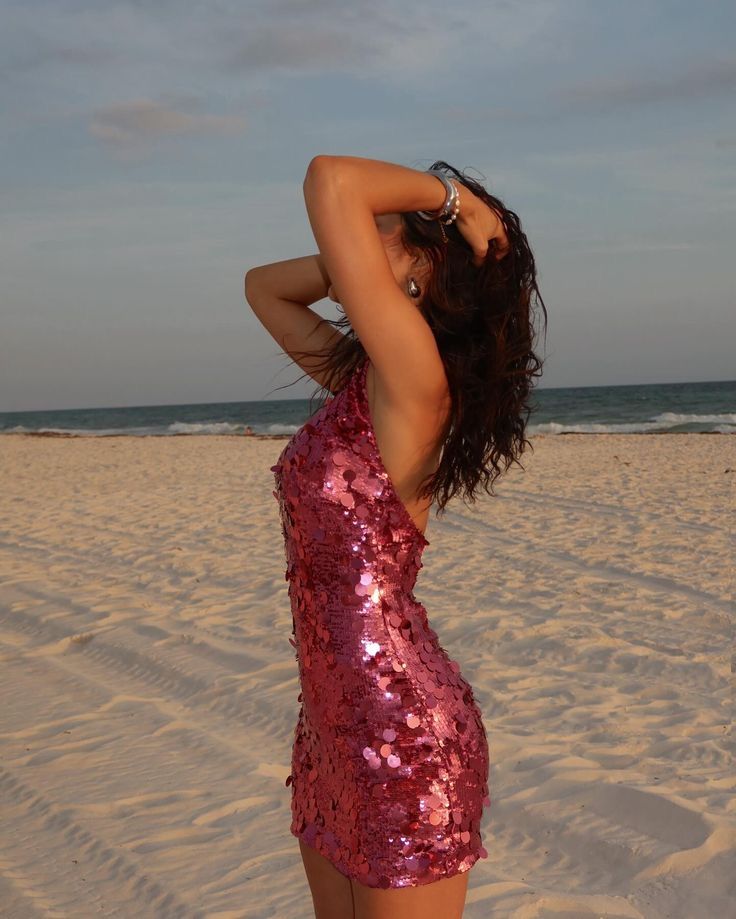 Shining Fashion Rose Pink Halter Neck Sequin Slim Birthday Dress Homecoming Dress - View 2 | FashionDia