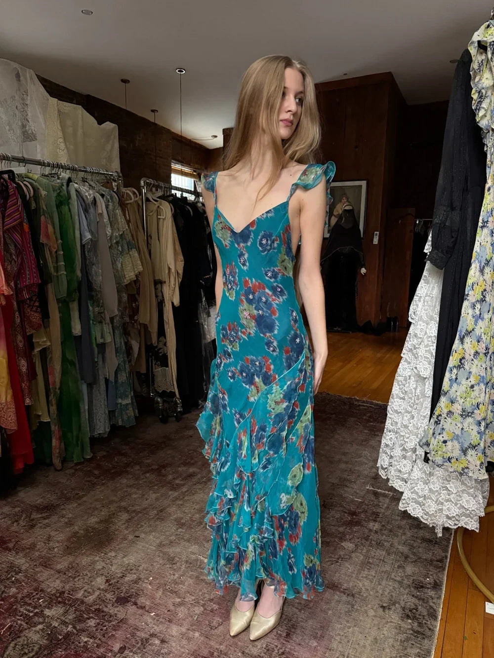 Vintage Lake Blue Floral Spaghetti Strap Mermaid Ruffle Chiffon Long Prom Dress Evening Dress