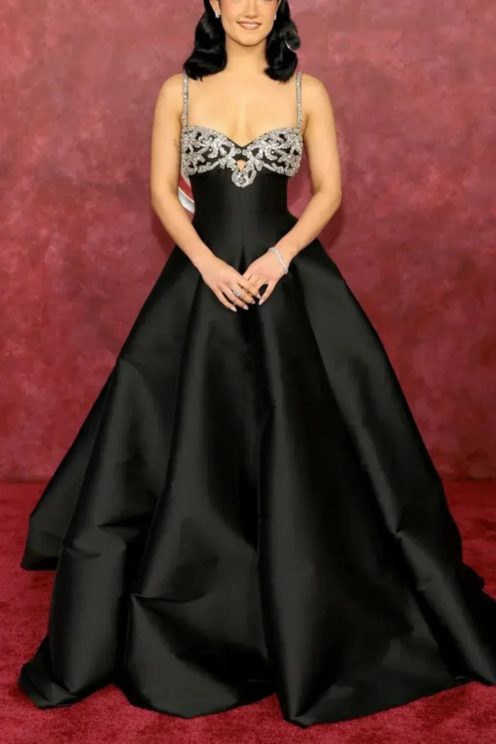 Elegant Black Spaghetti Strap A-Line Rhinestone Satin Train Prom Dress Evening Dress