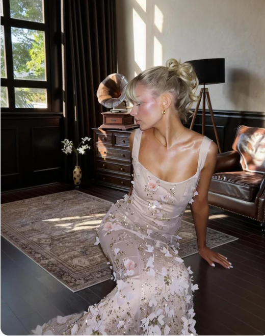 Dreamy Pink Square Neck Mermaid 3D Floral Beaded Sequin Tulle Long Prom & Evening Dress - View 2 | FashionDia