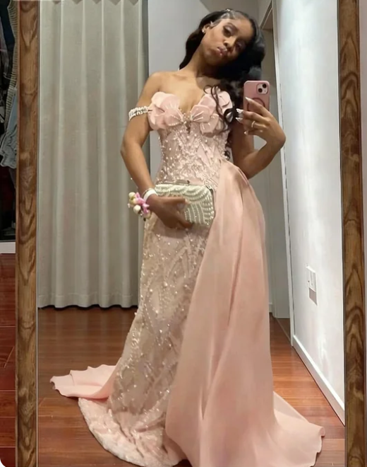Dreamy Pink Off-the-Shoulder Pearl Beaded Tulle Train Prom Dress Evening Dress