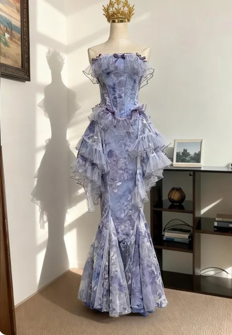 Dreamy Strapless Print Boned Ruffle Mermaid Tulle Long Prom Dress Birthday Dress