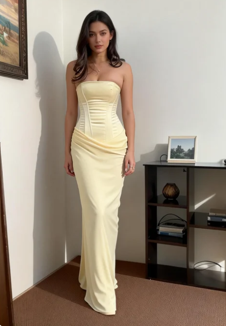 Simple Light Yellow Mermaid Boned Corset Satin Long Prom Dress Evening Dress