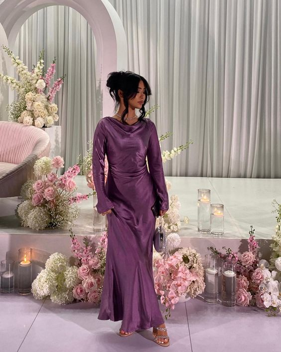Simple Purple Long Sleeves Evening Dress,Wedding Guest Outfit