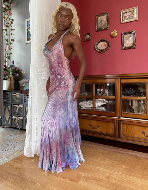 Dreamy Pink Purple Gradient Halter Beaded Chiffon Long Prom Dress
