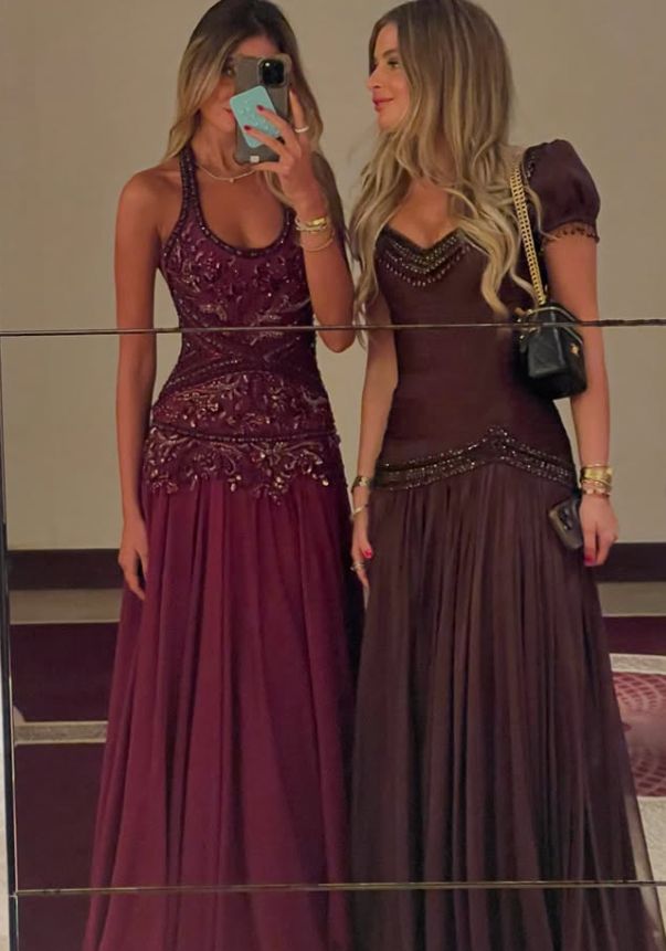 Vintage Retro Dark Coffee Short Sleeve Beaded Tassel Chiffon Long Prom Dress Evening Dress