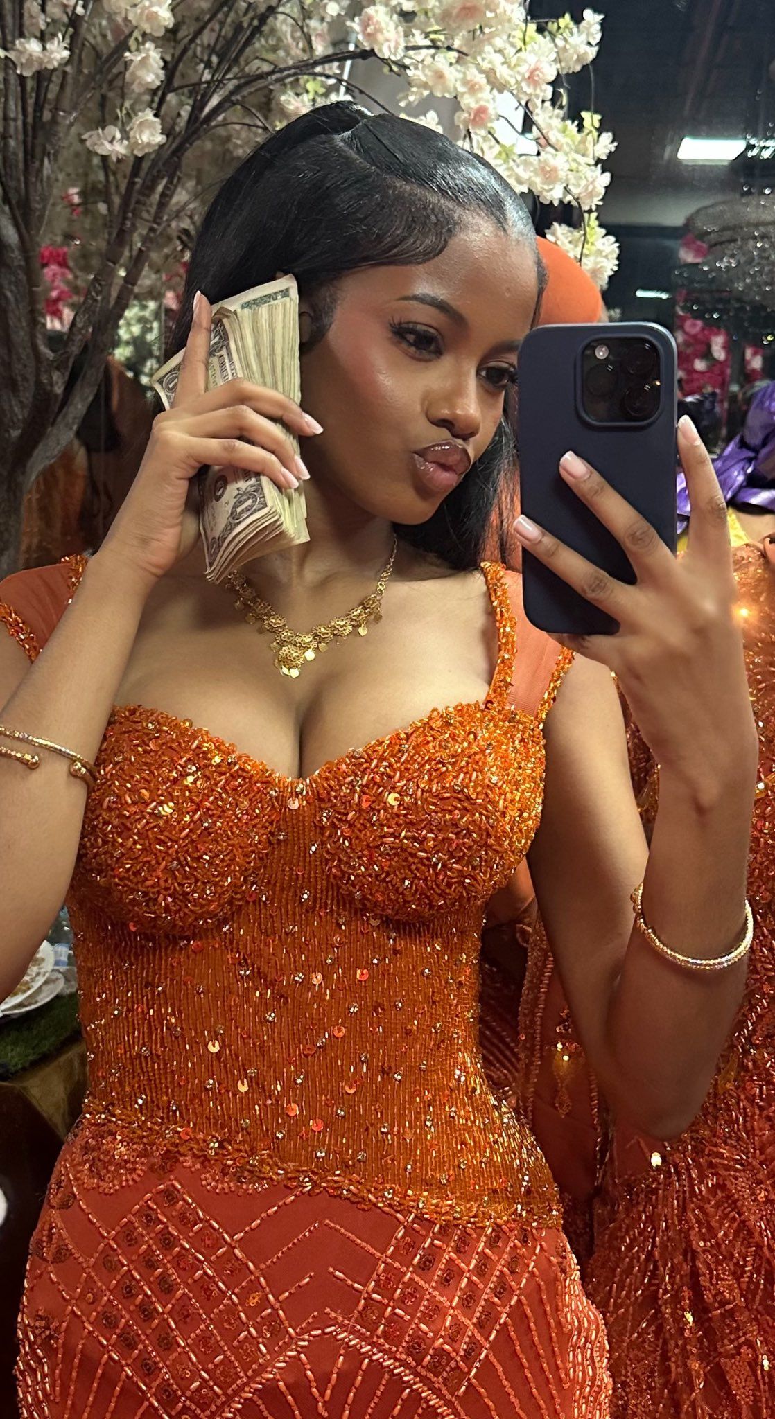 Gorgeous Orange Mermaid Beaded High Slit Tulle Long Prom Dress Evening Dress