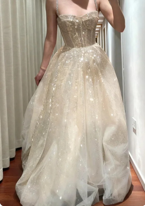Shiny Champagne Gold Spaghetti Strap A-Line Sequin Tulle Long Prom Dress Evening Dress
