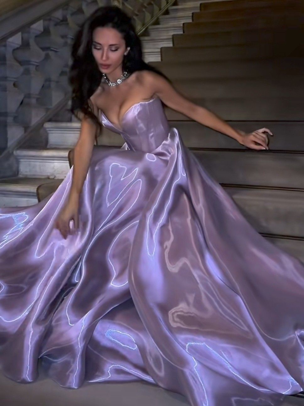 Elegant Purple Strapless Waist Fitted Satin Long Prom Dress Evening Dress