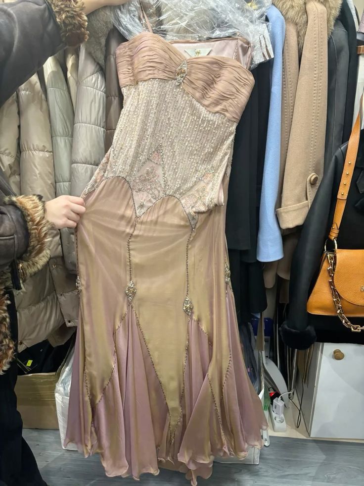Vintage Nude Pink Spaghetti Strap Beaded Mermaid Chiffon Long Prom Dress Evening Dress