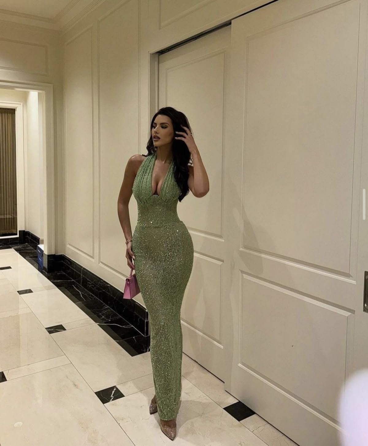 Sexy Light Green Mermaid Halter Neck Sequin Long Prom Dress Evening Dress