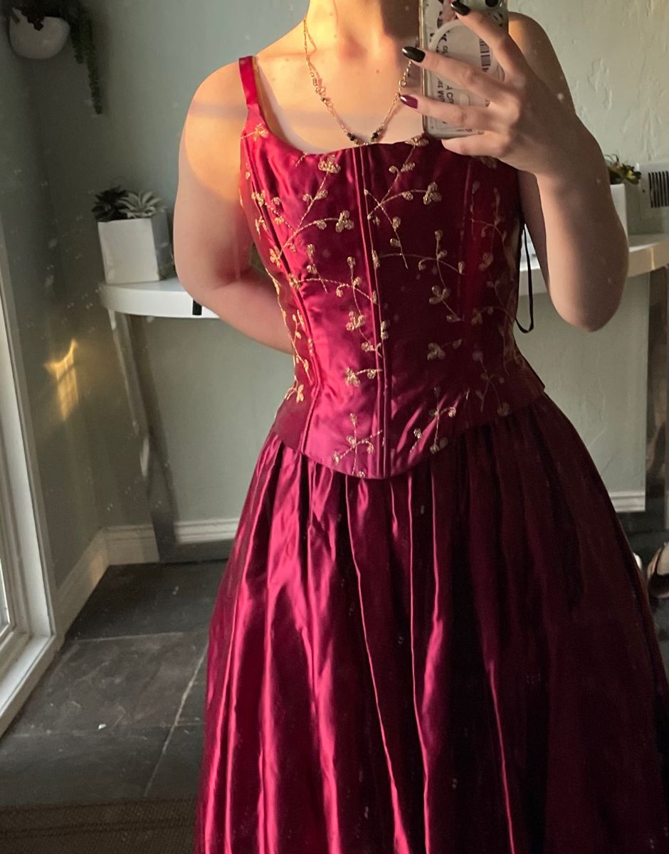 Vintage Burgundy A-line Strap Square Neck Embroidered Satin Long Prom Dress Evening Dress