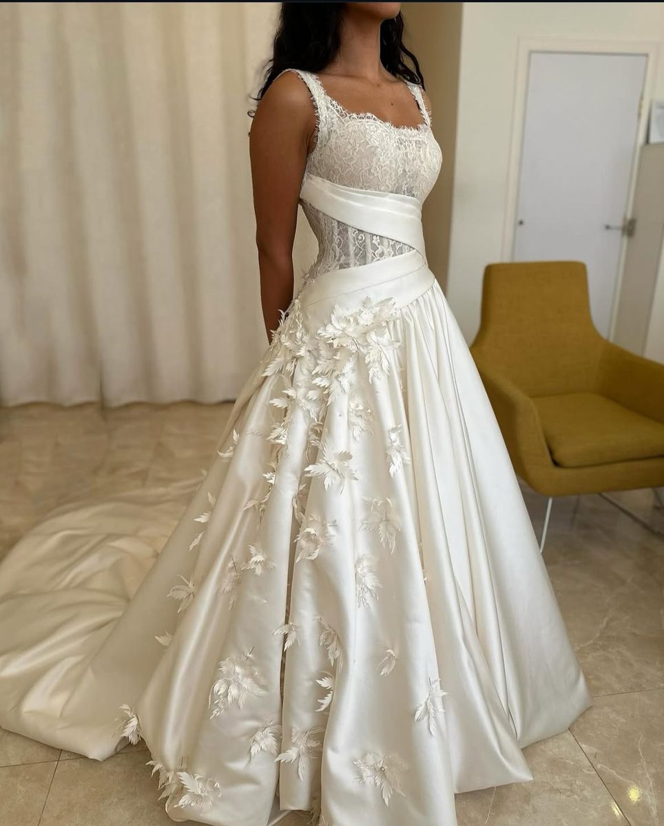 Elegant White A-Line Lace and 3D Floral Satin Wedding Dress