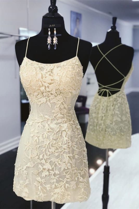 Sweet Light Yellow Suspender Square Neck Three-dimensional Lace Floral Slim Short Birthday Dress Homecoming Dress - View 4 | FashionDia