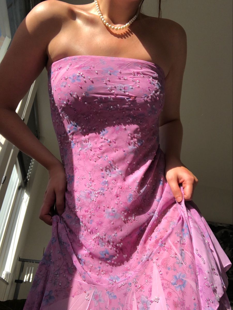 Retro Pink And Purple Tube Top Printed Beaded Chiffon Birthday Party Homecoming Dress - View 2 | FashionDia